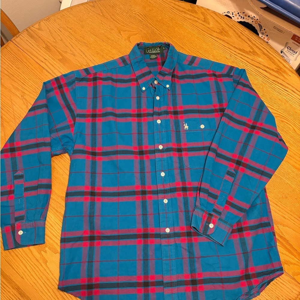 Gallop Mens XL Button Down Flannel Plaid Long Sleeve Flesh Pony Ski 90s Outdoor